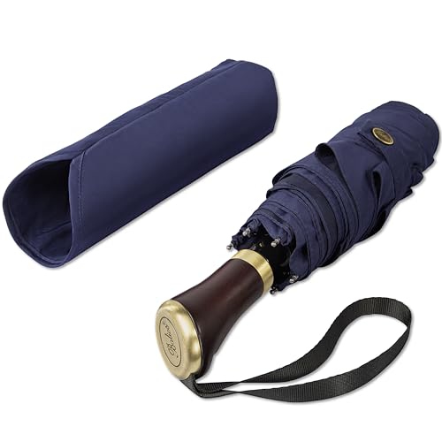 Balios Compact Travel Umbrella, Mini Pocket, Windproof, Large Canopy, Ultra-Comfortable Rosewood Handle, Foldable, 10.6 inches, for Men and Women, Handbag, Lightweight, 9.26 oz, Aluminum Rib,