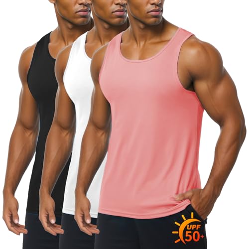 ZITY Men's 3 Pack Tank Tops UPF 50+ Fast Dry Sleeveless Shirt Breathable Lightweight Workout Gym Muscle Fitness T Shirts Pink/White/Black XX-Large