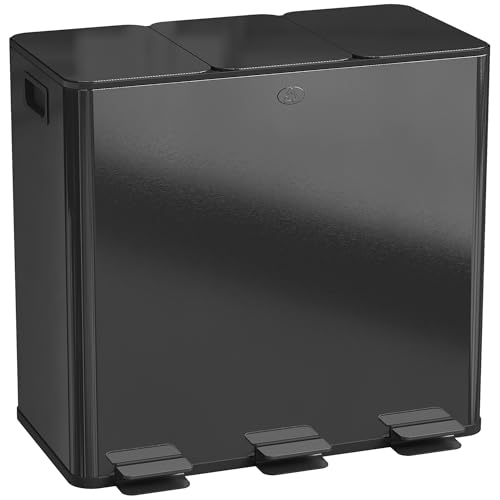 HOMCOM Triple Kitchen Bin, 3 x 20L Stainless Steel Three Rubbish Bin with Removable Inner Buckets, Soft Close Lid, Fingerprint-Proof for Recycling and Waste, Black