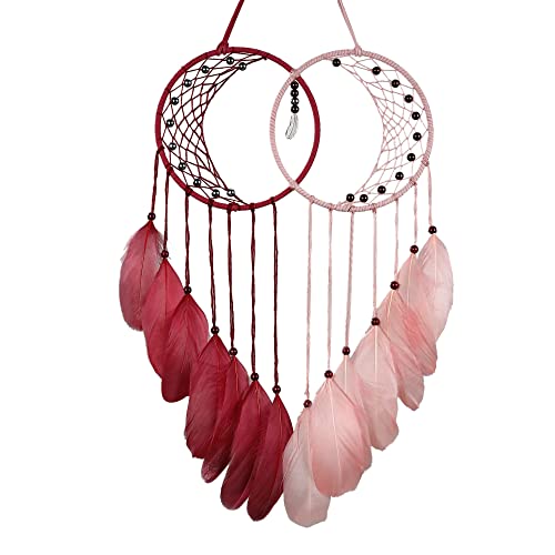 Holmgren Pink Red Moon Dream Catchers - Double Circular Moon Dream Catcher with Feathers for Little Girls Bedroom, Baby Nursery Wall Decor, Gift for Kids (Red and Pink)