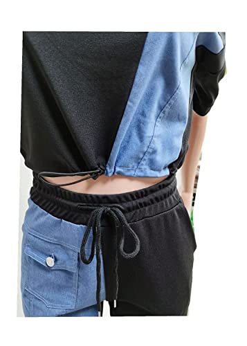 Two Piece Outfits For Women Sweatsuits Set Summer - Short Sleeve Casual Denim Colorblock Crop Top Drawstring Bodycon Long Pants Set 2 Piece Jumpsuit Track Suits Lounge Sets With Pockets Black, Xxl #TOP4