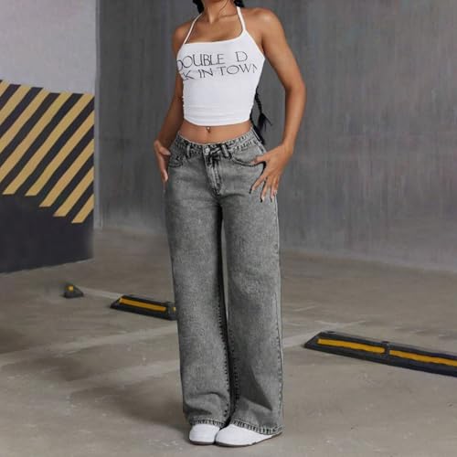 Ladies Bow Embroidered Jeans Sweet and Spicy High Waist Straight Loose Trousers with Pockets 20254