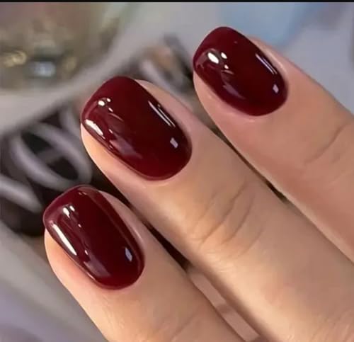 Image of Curvlife Press on Nails Short, Acrylic Square Fake Nails with Wine red Design Full Cover False Christmas Nails Reusable Nail Kit with Nail Glue Adhesive Tabs Glue on Nails