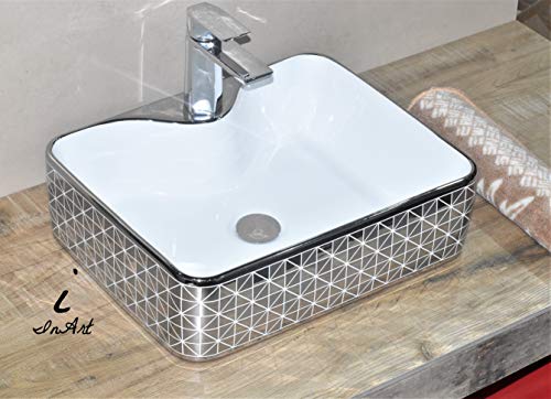 Image of InArt Designer table top wash basin for bathroom / bathroom sink / cabinet wash basin / ceramic basin / counter top basin / vanity washbasin in Rectangle Shape Silver White 19 x 15 x 5 Inch