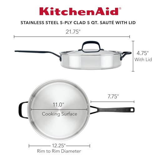 Image of KitchenAid 5-Ply Induction Clad Stainless Steel Saute Pan with Lid, 5-Quart, Polished Stainless Steel