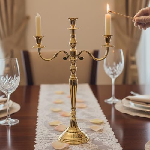 Image of Decorative Aluminum Brass Gold Plated Three Arm Candelstick Holder Stand for Dinning Table | Centerpiece Decor | Wedding Gift |