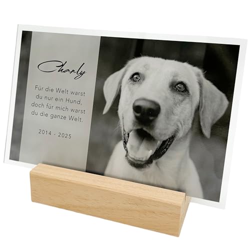 DEL MÀ Unique & Personal Andenken an verstorbenen Hund Bild Gedenktafel aus Acryl zur Erinnerung & Trauer personalisiert mit Foto Geschenk für Hundebesitzer inkl. Holzfuß 13x20 cm (Querformat)