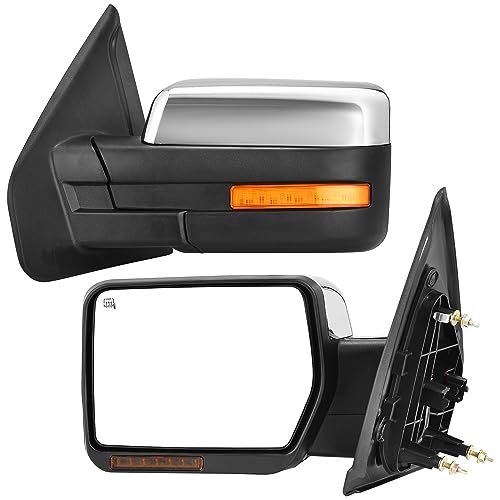 YITAMOTOR Towing Mirrors Compatible with 2004-2014 Ford F150 Side Mirror with Power Heated Rear LED Turn Signal Light Puddle Light Manual Folding Chrome Chrome For 04-14 F150