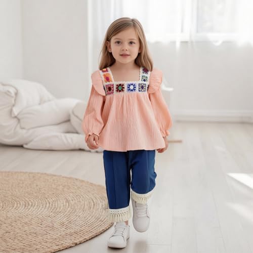 VISGOGO Toddler Baby Girl Crochet Outfit Floral Crocheted Camisole Top Linen Tassel Bohemian Floral Tops + Denim Pants Set2