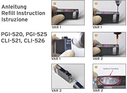 5x 100 Ml Pure Ink Nachfülltinte Für Canon PGI-520, PGI-525, CLI-521, CLI-526 - Made In Germany