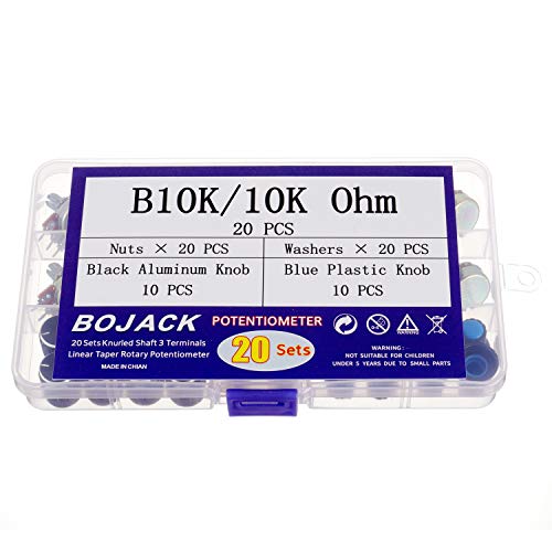 Bojack 20 Sets B10K Knurled Shaft 3 Terminals Linear Taper Rotary Potentiometer(Wh148)10K Ohm Single Turn Carbon Film Variable Resistor With Black Aluminum & Blue Plastic Knobs Kit #TOP1