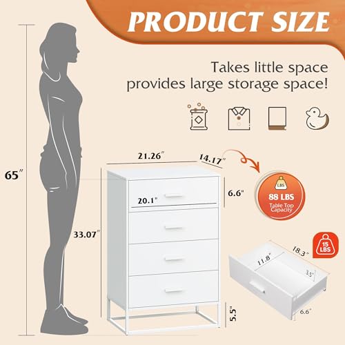 WLIVE White Wood Dresser for Bedroom with 4 Drawers, Tall Chest of Drawers with Sturdy Metal Frame for Living Room, Hallway, Closet - Image 3