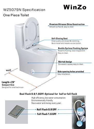 Winzo Wz5079N 23" Small Compact One Piece Toilet,Dual Flush Short For Modern Mini Tiny Bathrooms,Standard 12" Rough-In White #TOP2