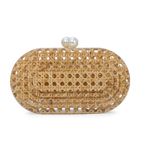 Image of Fecialy Women Acrylic Clutch Purse Rattan Woven Pattern Handbag Shell Shape Crossbody Bag Chic Evening Bag