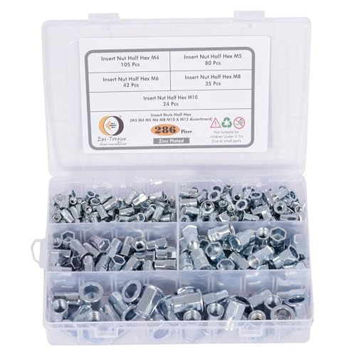 Image of Epitorque Zinc Plated Half Hex Rivet Nut Insert Nut Assortment Kit (M4 M5 M6 M8 M10) Threaded Rivnut Nutsert with Storage Box - 286 Pieces
