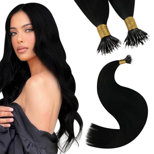 YoungSee Nano Hair Extensions Real Human Hair Black 20 inch Invisible Nano Loop Hair Extensions Jet Black Pre Bonded Nanolink Extensions for Fuller Look Cold Fusion 50s Tiny Attachment 50g