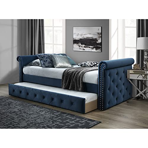 Dg Casa Hesdin Daybed With Trundle Platform Bed Frame With Button Tufting Nailhead Trim Andfull Wooden Slats, Box Spring Not Required-Traditional Upholstered Twin Size Day Bed In Bluefaux Velvet #TOP1