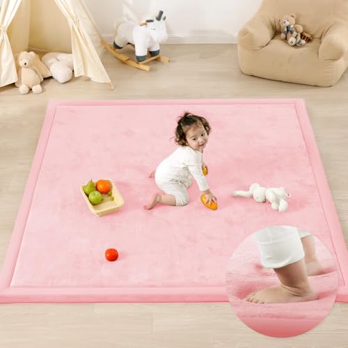 Image of 1.3 inch Thick Baby Floor Play Mat, 50x74 Padded Foam Tummy Time Crawling Mat, Non-Slip Water-Repellent Soft Plush Nursey Area Rug for Playroom Bedroom Living Room (Pink)