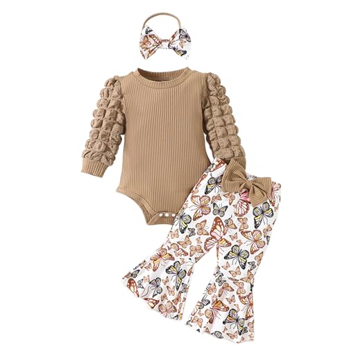 Image of Ysfanwuxi Newborn Baby Girl Bell Bottom Outfit Long Bubble Sleeve Romper Cute Bow Butterfly Print Pants Set Headband Clothes (Khaki, 0-3 Months)