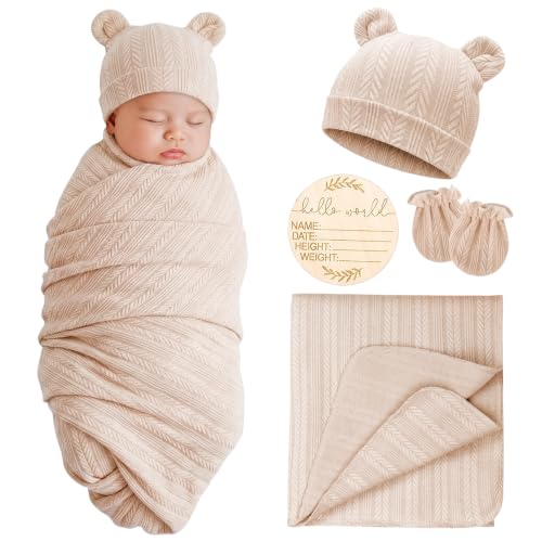 Image of AQOKKA Newborn Receiving Blanket with Bow Hat Mittens Set Nursery Swaddle Wrap Toddler Swaddles for Newborn Baby Boy Girl