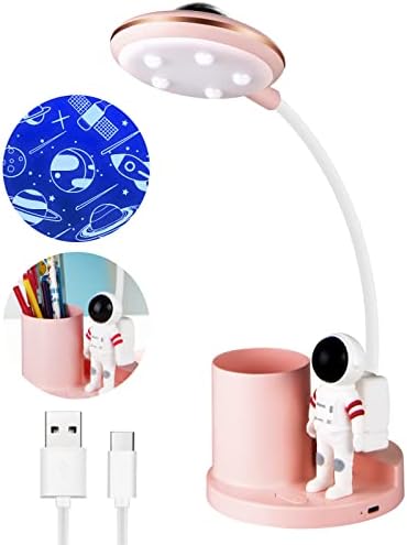 Kids Desk Lamp Rechargeable 5W with Projection, Dimming LED Table Study Lamp with Pen Holder, Flexible Gooseneck Battery Powered Desk Reading Learning Light for Home Office Bedroom Study Room (Pink)