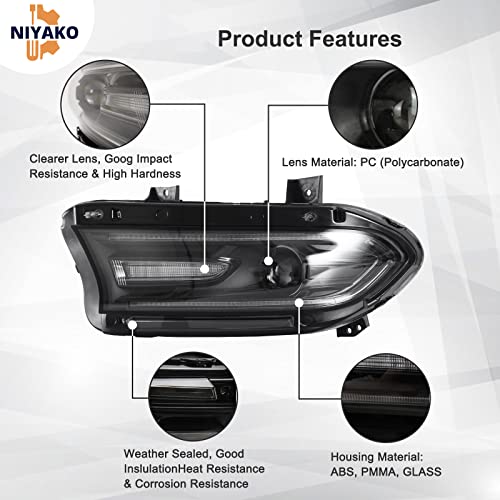 Niyako Pack Of 2 Projector Led Headlight Assembly With Full Led Drl Bars And Turn Signal & Dual Beam Lens, Fits 2015 2016 2017 2018 2019 2020 Charger #TOP5