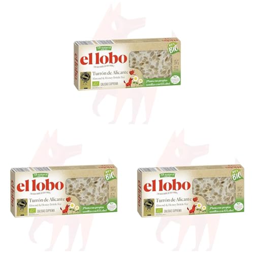 EL LOBO - Turrón de Alicante 100% BIO 200g, 'All Natural', Ecofriendly, Turrón Tradicional, Ingredientes Naturales, Textura Crujiente, Calidad Suprema, Sin Gluten (Paquete de 3)