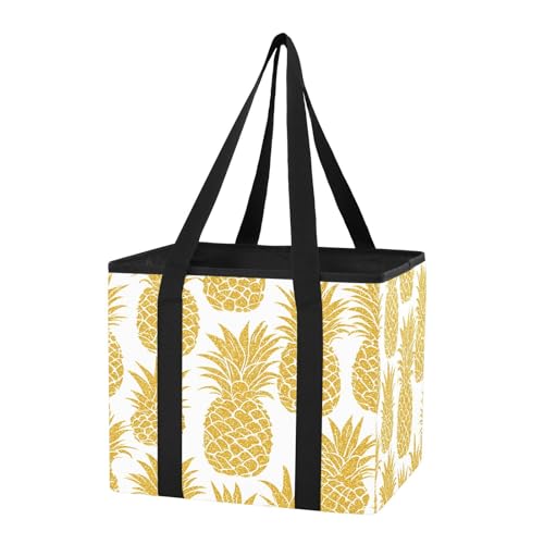 Quteprint Car Trunk Organizer, Golden Glitter Pineapple 600D Oxford Foldable Storage Bag with Handles, 13.0x10.8x10.2in, Portable Collapsible Container for Groceries, Kitchen, Picnic & Travel