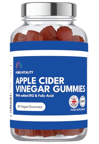 Pure:Vitality Apple Cider Vinegar Gummies - 1000mg Enhanced with Vitamin B12 & Folic Acid – 60 High Strength ACV Vegan Gummies with Pomegranate & Beetroot Powder – Natural Ingredients