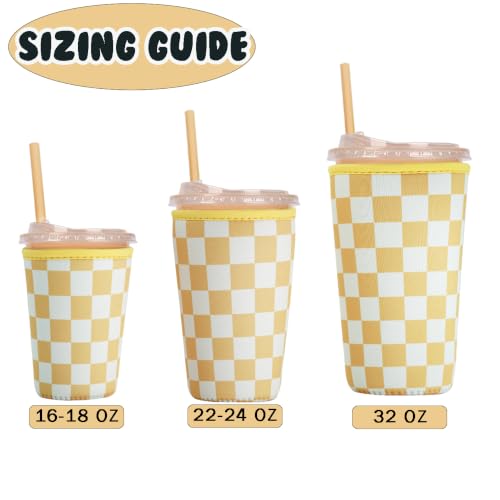 Image of Reusable Insulated Neoprene Iced Coffee Cup Sleeve, Durable Drink Sleeve for Cold Beverages, Beverage Holder for Iced Coffee (Yellow Checkers)