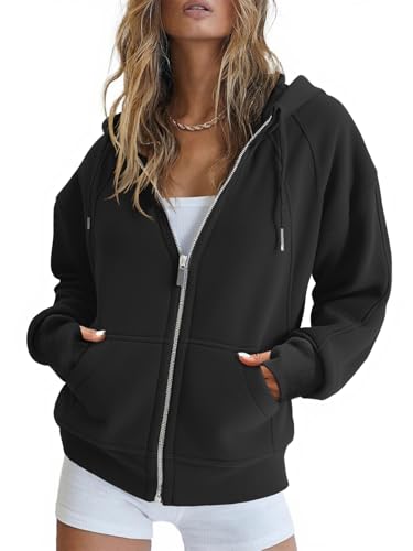 Image of Fisoew Womens Zip Up Sweatshirts Fleece Lined Collar Crop Hoodie Casual Cotton Long Sleeve Tops with Thumb Hole,black,M
