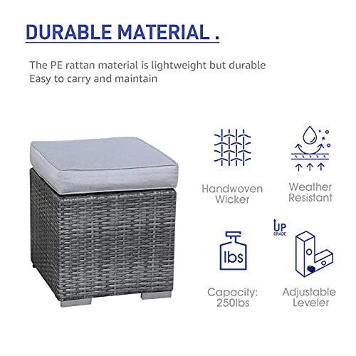 Patiorama 2 Pieces Assembled Outdoor Patio Ottoman, Indoor Outdoor All-Weather Grey Wicker Rattan Outdoor Footstool Footrest Seat with Light Grey Cushions, No Assembly Required - Thumbnail 6