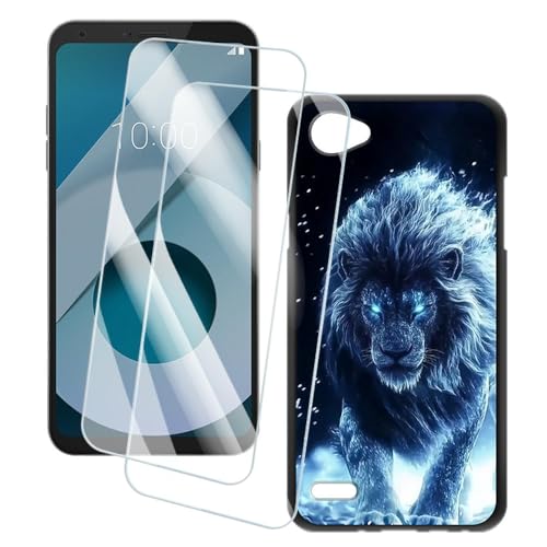 OAGELIM 2 Piezas Protector de Pantalla + Funda Compatible con LG Q6 Plus (5.5 Pulgada) Funda Impresión Artística Personalizada y Cristal Templado (León)