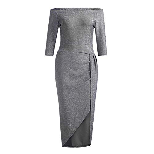 Off The Shoulder Formal Wedding Evening Party Prom Cocktail Dress Gray Womens Gown Elegant High Slit Waist Dress Large (US 12-14) Gray