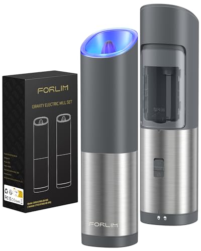 FORLIM Juego de molinillo eléctrico de sal y pimienta,Molinillo de pimienta automático con grosor ajustable,Funciona con una sola mano,para cocina,restaurante y barbacoa,Set de 2(Gris)