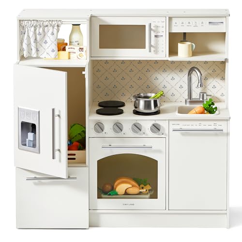 Tiny Land Play Kitchen for Kids, Upgraded Wooden Kitchen Toy with Complete Play Areas, Pretend Cooking Set with Sink, Stove, Microwave, Toy Coffee Station & Storage for Kids Ages 3+