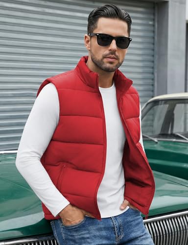 Image of WHN Men's Casual Puffer Vest Lightweight Full Zip Up Work Sleeveless Jacket Stand Collar Outerwear with 3 Pockets