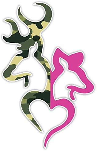 Camo Buck and Pink Doe Heart Deer Camouflage Sticker Decal 4" x 6"