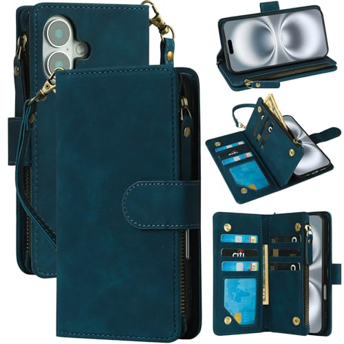 RANYOK Compatible with iPhone 16 Case Wallet - PU Leather Wallet Case for iPhone 16 with Credit Card Holder RFID Blocking Zipper Pocket with Wrist Strap Flip Folio Protective Case (Blue) by RANYOK - Used condition - US$13.77