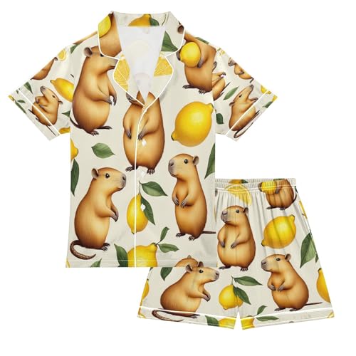 Satin Pajama Sets Short Sleeve Capybara Lemon Button Down Silky Nightwear 2 Piece PJS 5-14Y