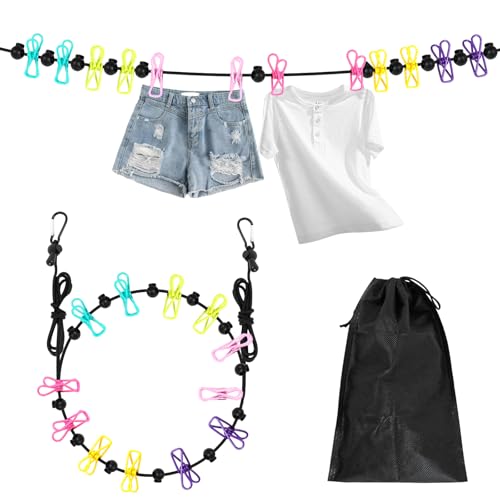 KNJOMZIE Camping Wäscheleine mit 12 Klammern, tragbare Reisewäscheleine für Camping, Outdoor, Balkon, elastische Wäscheleine mit Haken (1,8-3 m)