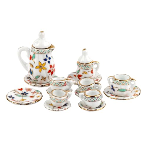 AUEAR, 15 Pack Miniature Ware Porcelain Tea Set 1/12 Miniatur Dish Cup Plate Classic Kitchen Accessories(Gold Leaf Pattern)
