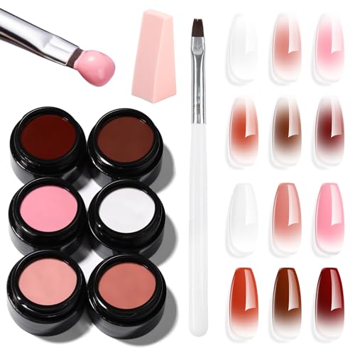 Makartt Ombre Gel Nail Polish Kit: 6 Colors Gradient Blush Effect, Upgrade Pat Painting Gel with Nail Sponge & Drawing Brush for Ombre Winter Manicure White Pink Brown Nude