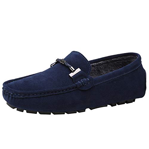 Jamron Hommes Élégant Boucle Loafers Confortable Daim Chaussures de Conduite Stylées Mocassin Slippers Bleu Marin Peluche SN19020-2 EU43