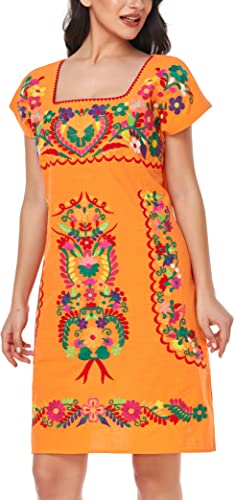 Image of YZXDORWJ Women Mexican Embroidered Dress Ruffle Collar Sleeveless