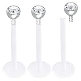 bodyjewellery 3pcs 16g 13mm Labret Stud Lip Rings Bioflex Internally Threaded Push in Forward Helix Snake Bites Surgical Steel - Clear