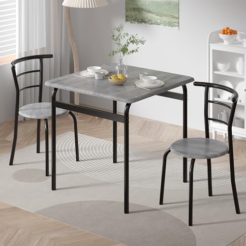 Image of VECELO 3-Piece Dining Table Set for Kitchen Breakfast Nook, Wood Grain Square Tabletop and Metal Frame, for Small Spaces, Grey
