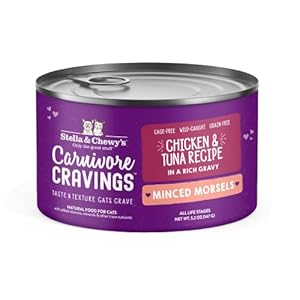 Stella & Chewy’s Carnivore Cravings Minced Morsels Cans – Grain Free, Protein Rich Wet Cat Food – Cage-Free Chicken & Wild-Caught Tuna Recipe – (5.2 Ounce Cans, Case of 24)
