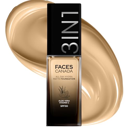 Image of FACES CANADA All Day Hydra Matte Foundation | 3-in-1 Foundation + Moisturizer + SPF 30 | 24 HR Aloe Hydration & Vitamin C | 10HR Long Wear | Medium to High Buildable Coverage | Warm Beige 034 | 30ml