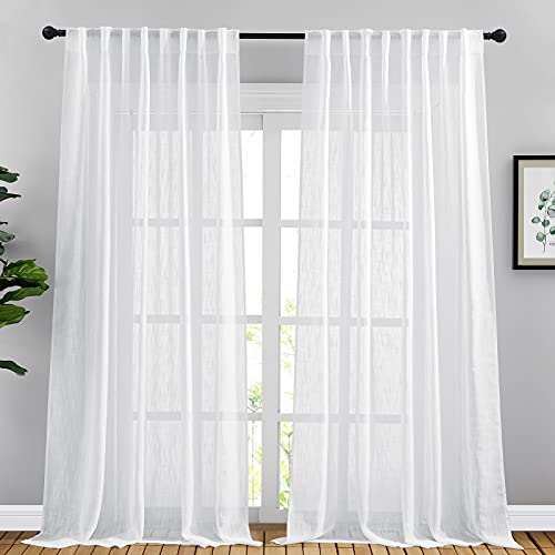 NICETOWN White Semi Sheer Linen Curtains for Living Room, Rod Pocket & Back Tab Faux Linen Privacy Window Treatments with Light Filtering for Bedroom/